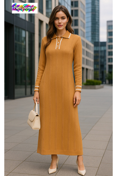 semela New Season Buttoned Polo Neck Long Knit Dress