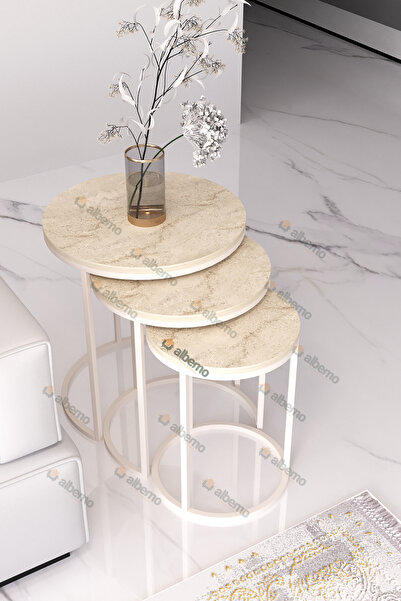 usta mekan Usta Krem Metal Traverten Mermer Desen Ahşap Tablalı 3 lü Zigon Sehpa