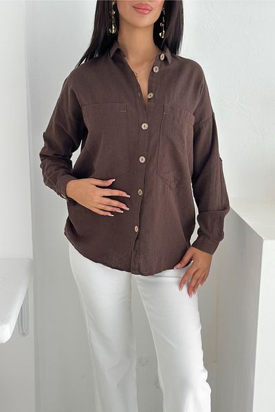 FEMELLE Women's Brown Wooden Buttoned Folding Sleeve Double Pocket Casual Flowy Loose Fit Shirt