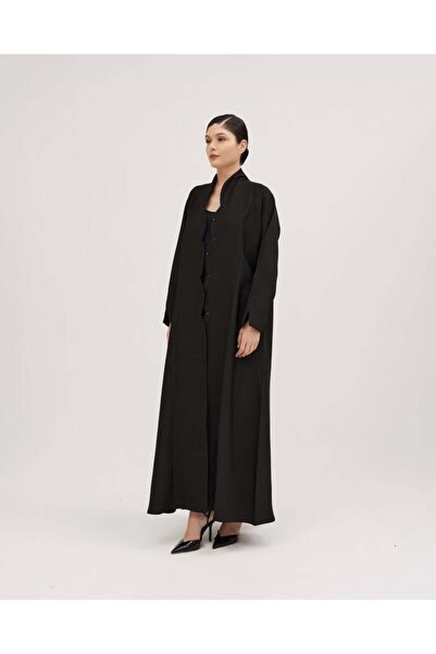 SOROSE SA Barbie half-cloche abaya with a wrap design and a zigzag collar decorated with black crystals