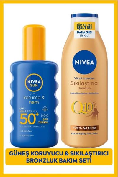 NIVEA SUN SPF50 Güneş Koruyucu Vücut Spreyi 200ml ve Q10 Sıkılaştırıcı Bronzlaştırıcı Vücut Losyonu 250ml