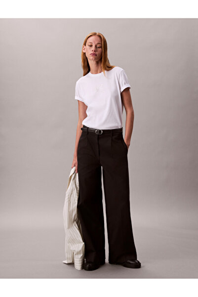 Calvin Klein Women Brilliant White Glossy Metallic Logo Crew Neck T-shirt