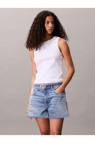 Calvin Klein Women Brilliant White Ribbed Cotton Badge Tank Top