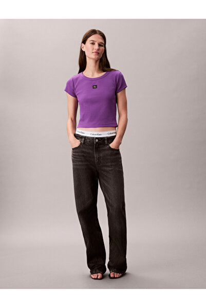 Calvin Klein Women Smokey Shadow Slim Fit Ribbed Cotton Badge T-shirt