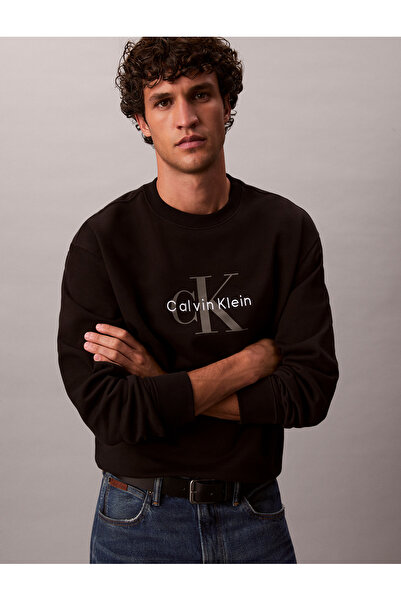Calvin Klein Men Black Monogram Crew Neck Pullover Sweatshirt