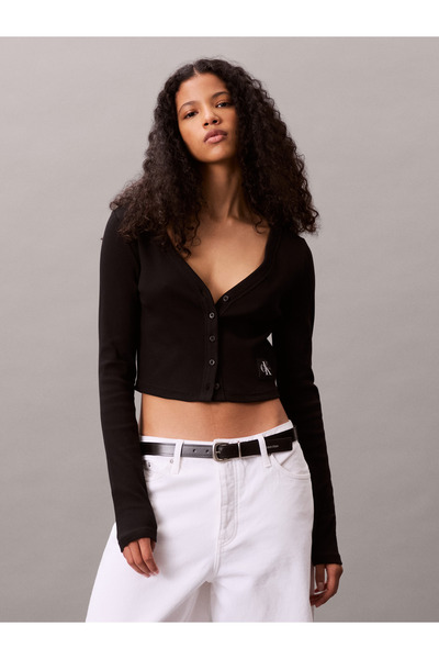Calvin Klein Women Black Cropped Ribbed Cotton Cardigan T-Shirt