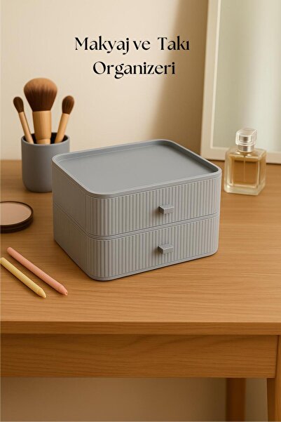 EWs 2 Katlı Çekmeceli Makyaj Organizeri & Çok Amaçlı Düzenleyici Gri