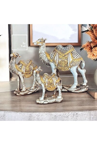 77 3’lü Deve Biblo Seti, Altın Detaylı Dekoratif Deve Figürleri, Ev Ofis Akse...
