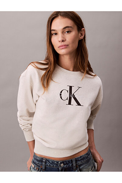 Calvin Klein Women Vanilla Heather Relaxed Monogram French Terry Sweatshirt
