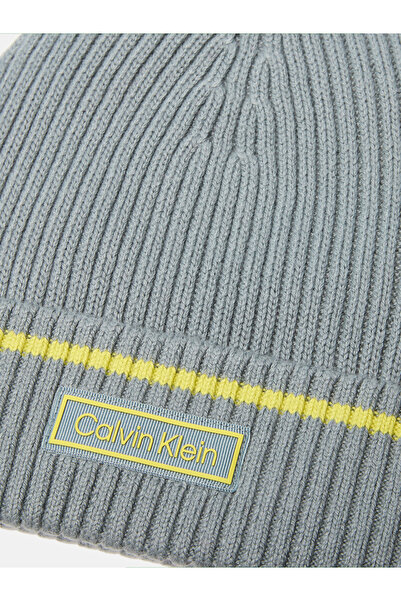 Calvin Klein Men Gray Patch Rib Cotton Cashmere Blend Beanie