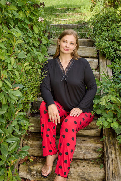 Miss Meryem Black Ring Viscose Lace Detailed Long Sleeve Plus Size Pajama Set