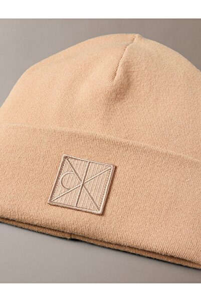 Calvin Klein Men Tan Emblem Patch Fine Rib Beanie