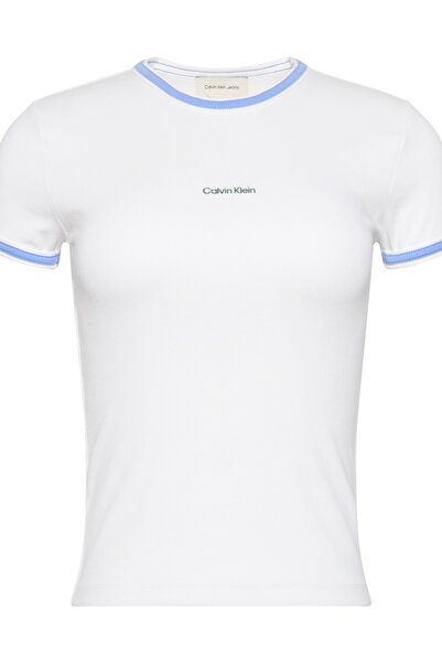 Calvin Klein Women White Color Block Cotton Crew Neck T-Shirt