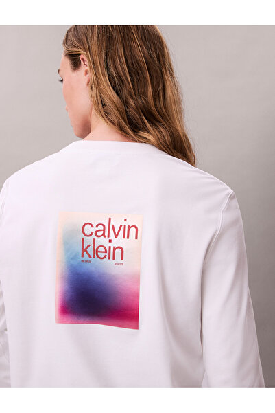 Calvin Klein Calvin Klein Women Brilliant White Long Sleeve Satin Ombre Graphic Crew Neck T-Shirt