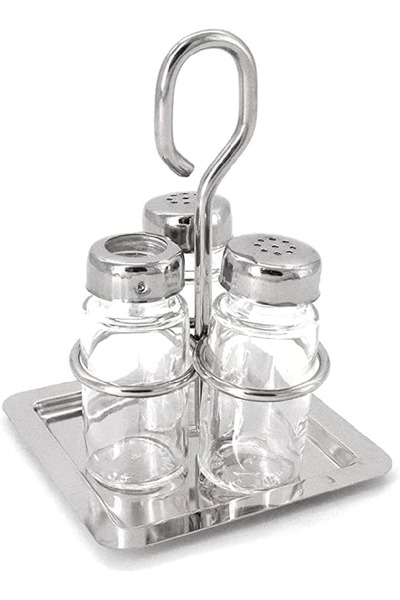 KITCHEN SOUQ طقم توابل من 3 قطع مع حامل - برطمانات سيراميك أنيقة على صينية خشبية