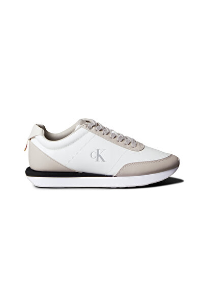 Calvin Klein Women White & Taupe Low Top Suede Mix Signature Logo Retro Runner Trainers