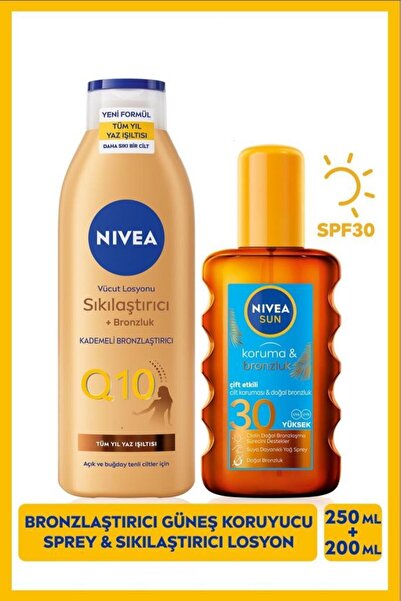 NIVEA SUN SPF30 Güneş Koruyucu Bronzlaştırıcı Vücut Spreyi 200ml ve Q10 Bronzlaştırıcı Vücut Losyonu 250ml