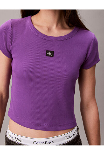 Calvin Klein Women Smokey Shadow Slim Fit Ribbed Cotton Badge T-shirt