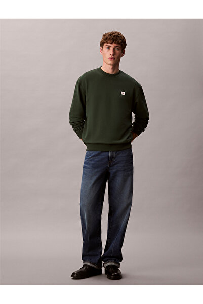 Calvin Klein Men Sycamore Cotton Terry Badge Crew Neck Pullover Sweatshirt