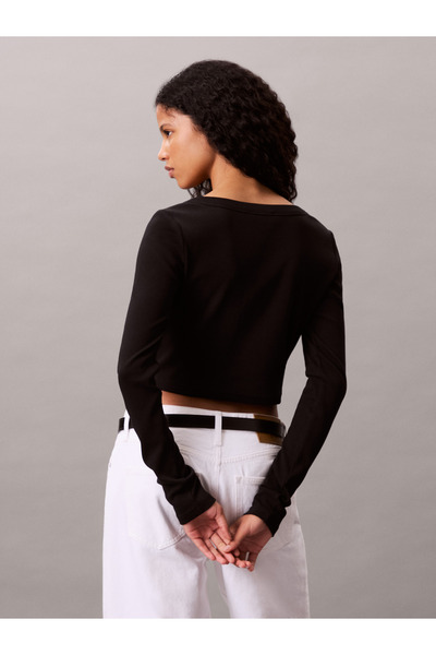 Calvin Klein Women Black Cropped Ribbed Cotton Cardigan T-Shirt