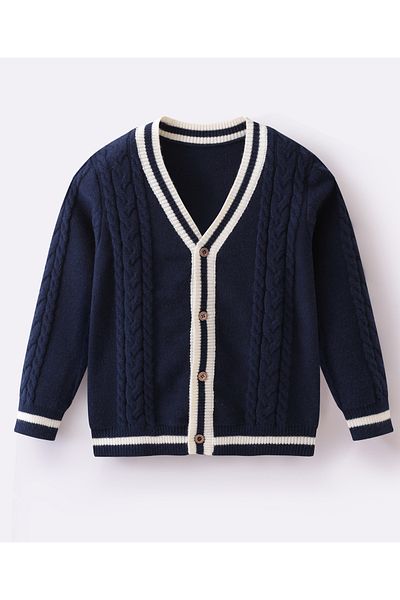 SAPS Button-Up Cable Knit Sweater with Striped Edges - Navy