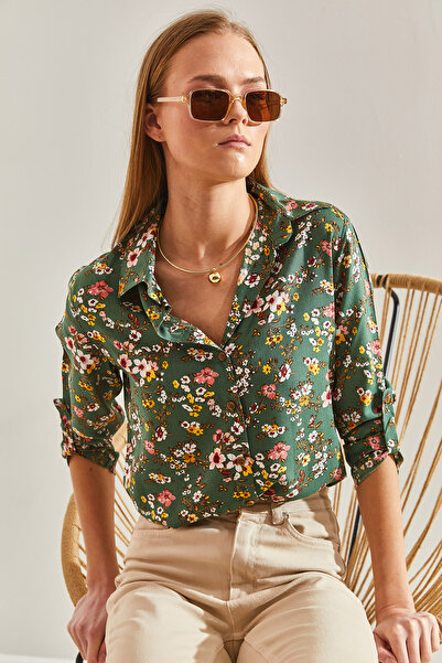 SHADE Kadın Kol Katlamalı Desenli Viskon Gömlek
