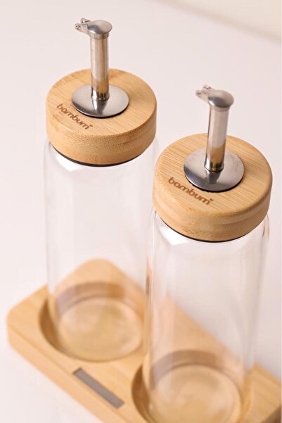 Bambum Glass Oil & Vinegar Set with Bamboo Lid – 2 Pieces with Stand 300ml