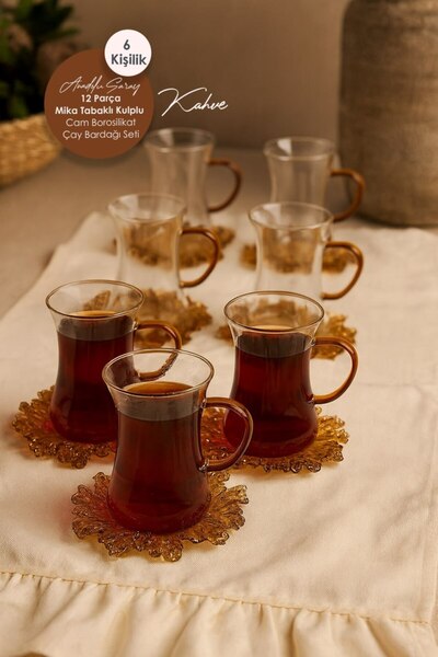 Anadolu Saray 12 Piece Coffee Mica Plate Handled Glass Borosilicate Tea Cup Set