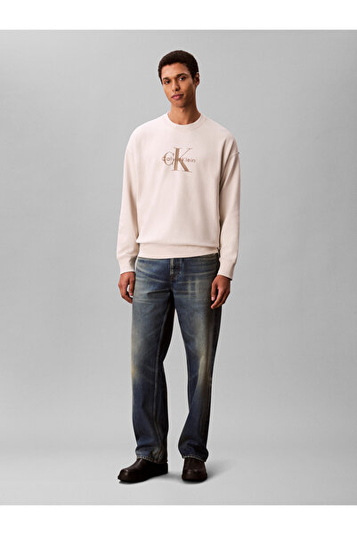 Calvin Klein Men Beige Monogram Crew Neck Pullover Sweatshirt