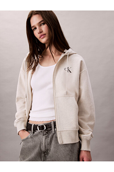 Calvin Klein Women Vanilla Heather Monogram Terry Zip Up Hoodie