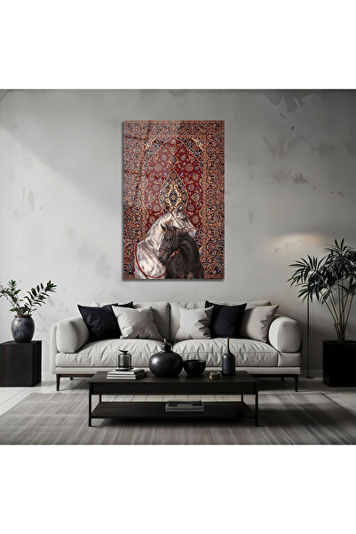 BestSanat Beyaz ve Siyah At Oryantal Halı Desenli Cam Tablo