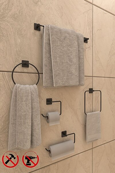 Patulya Aksesuar Yapışkanlı Siyah Kare 5’li Banyo Aksesuar Seti – Uzun Havlul...