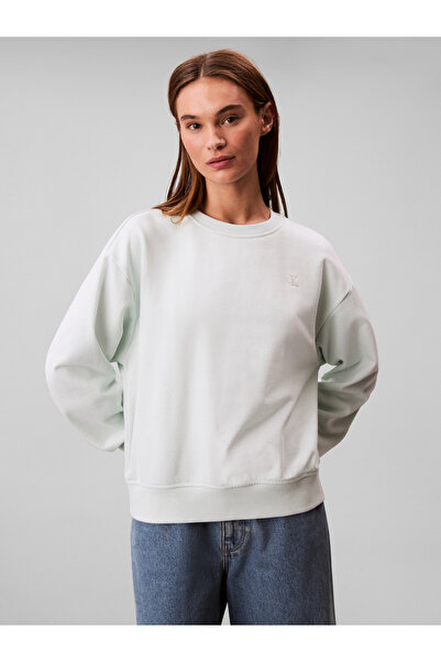 Calvin Klein Women White Archive Logo French Crew Neck Pullover Sweatshirt