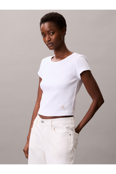 Calvin Klein Women Brilliant White Slim Fit Ribbed Cotton Badge T-shirt