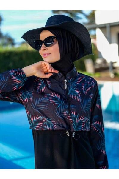 TESMAY Women's Patterned Lycra Full Covered Hijab Swimsuit 21103-25 Black
