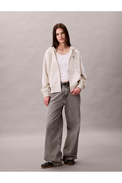 Calvin Klein Women Vanilla Heather Monogram Terry Zip Up Hoodie