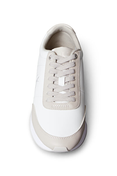 Calvin Klein Women White & Taupe Low Top Suede Mix Signature Logo Retro Runner Trainers