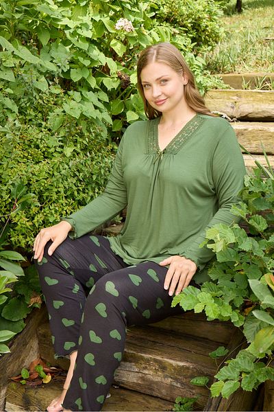 Miss Meryem Khaki Ring Viscose Lace Detailed Long Sleeve Plus Size Pajama Set