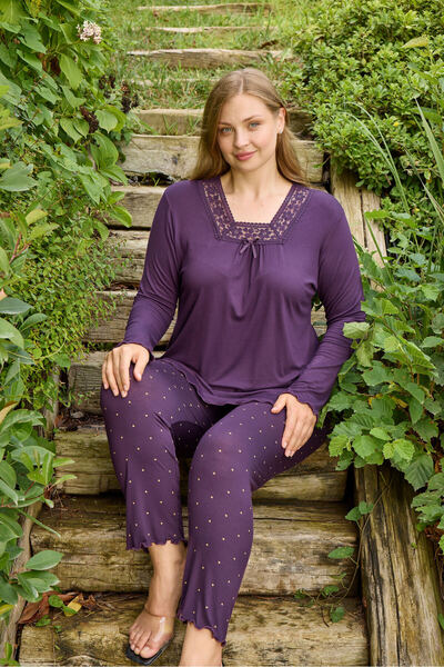 Miss Meryem Purple Ring Viscose Lace Detailed Long Sleeve Plus Size Pajama Set