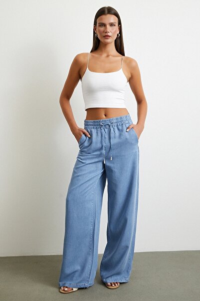 Never more Elastic Waist Lace-Up Wide Leg Trousers Blue