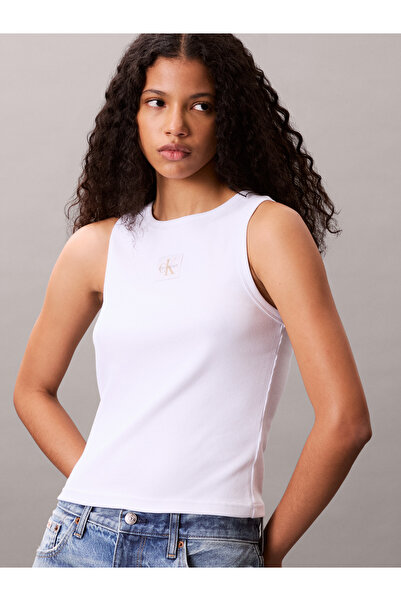 Calvin Klein Women Brilliant White Ribbed Cotton Badge Tank Top
