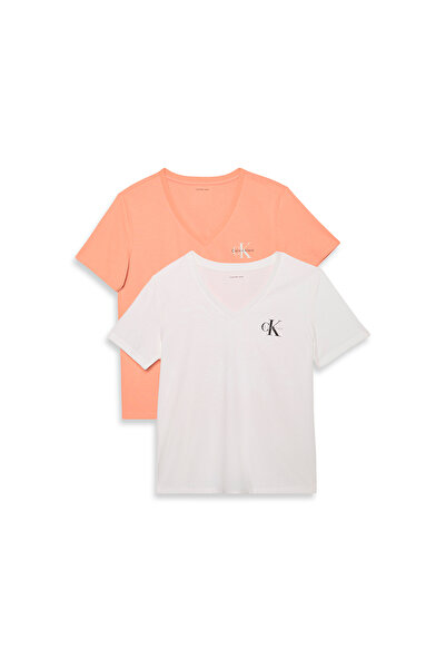Calvin Klein Women White/Coral Pack of 2 Logo V-Neck T-Shirt