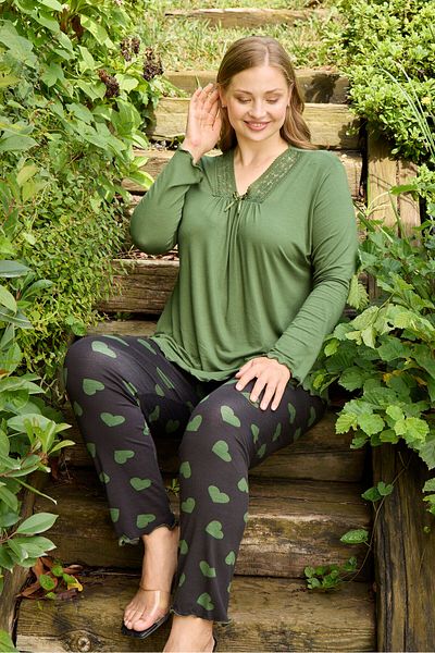 Miss Meryem Khaki Ring Viscose Lace Detailed Long Sleeve Plus Size Pajama Set