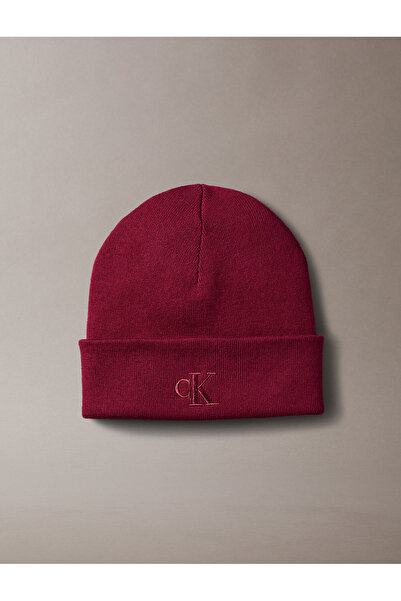 Calvin Klein Men Beet Red Signature Logo Fine Rib Beanie