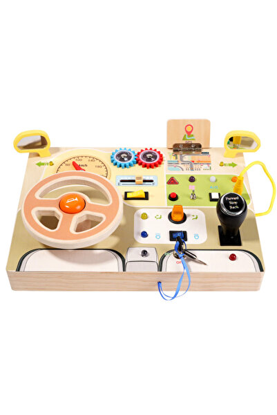 Ælements Placa busy board Montessori, din lemn, Cu Volan, Schimbator, Butoane Senzoriale, Alfabet Multicolor