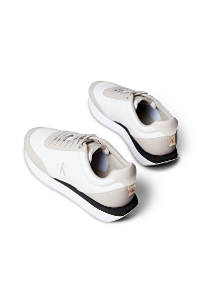 Calvin Klein Women White & Taupe Low Top Suede Mix Signature Logo Retro Runner Trainers