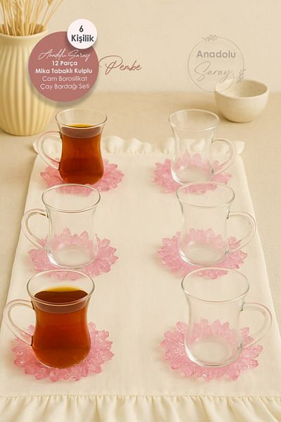 Anadolu Saray 12 Piece Pink Mica Plate Handled Borosilicate Glass Tea Cup Set