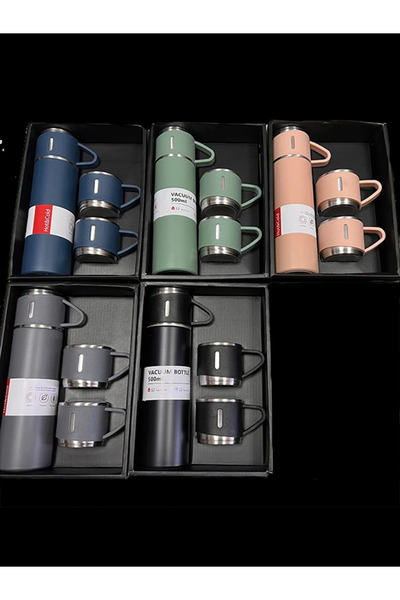SAFİR Üç Bardaklı Vacuum Flask Set Özel Kutulu Paslanmaz Çelik Termos Seti 500 ml