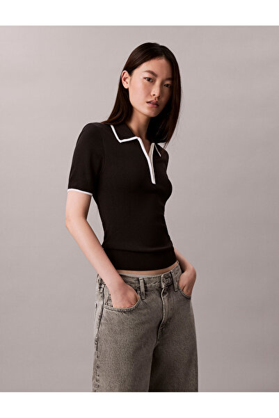 Calvin Klein Women Black Quarter Zip Classic Polo T-Shirt