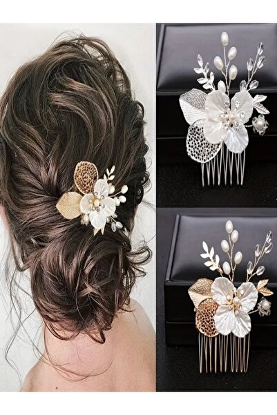 Alyas Aksesuar مشبك مشط شعر مرصع بالألماس واللؤلؤ، مشبك مشط شعر على شكل زهرة ...